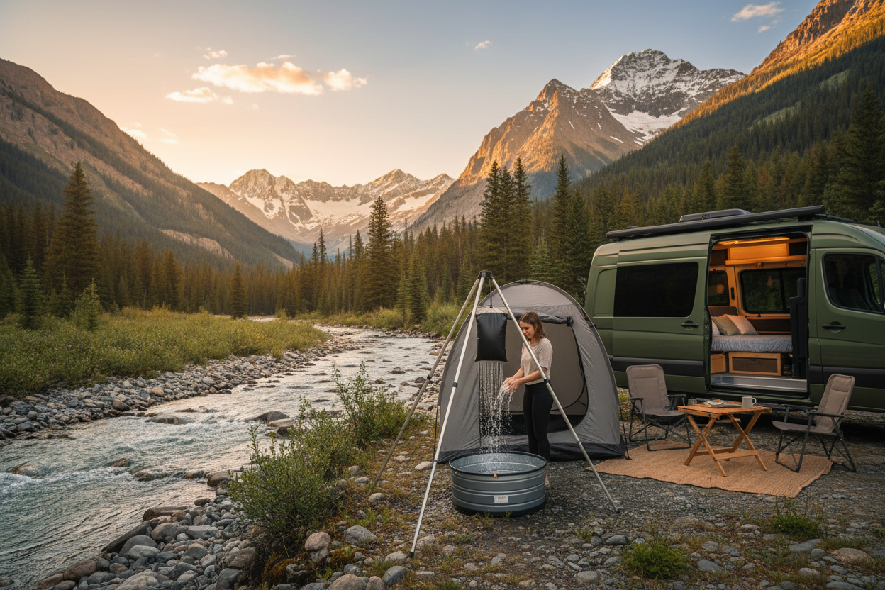 Camping Dusche Natur Berge Fluss