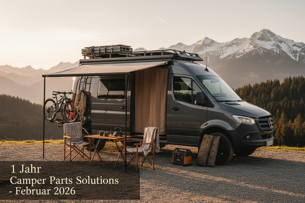 Erstelle ein Naturbild mit einem Camper Van und Camper Zubehör. Mit dem verweis auf das einjährige bestehen von Camper Parts Solution im Februar 2026